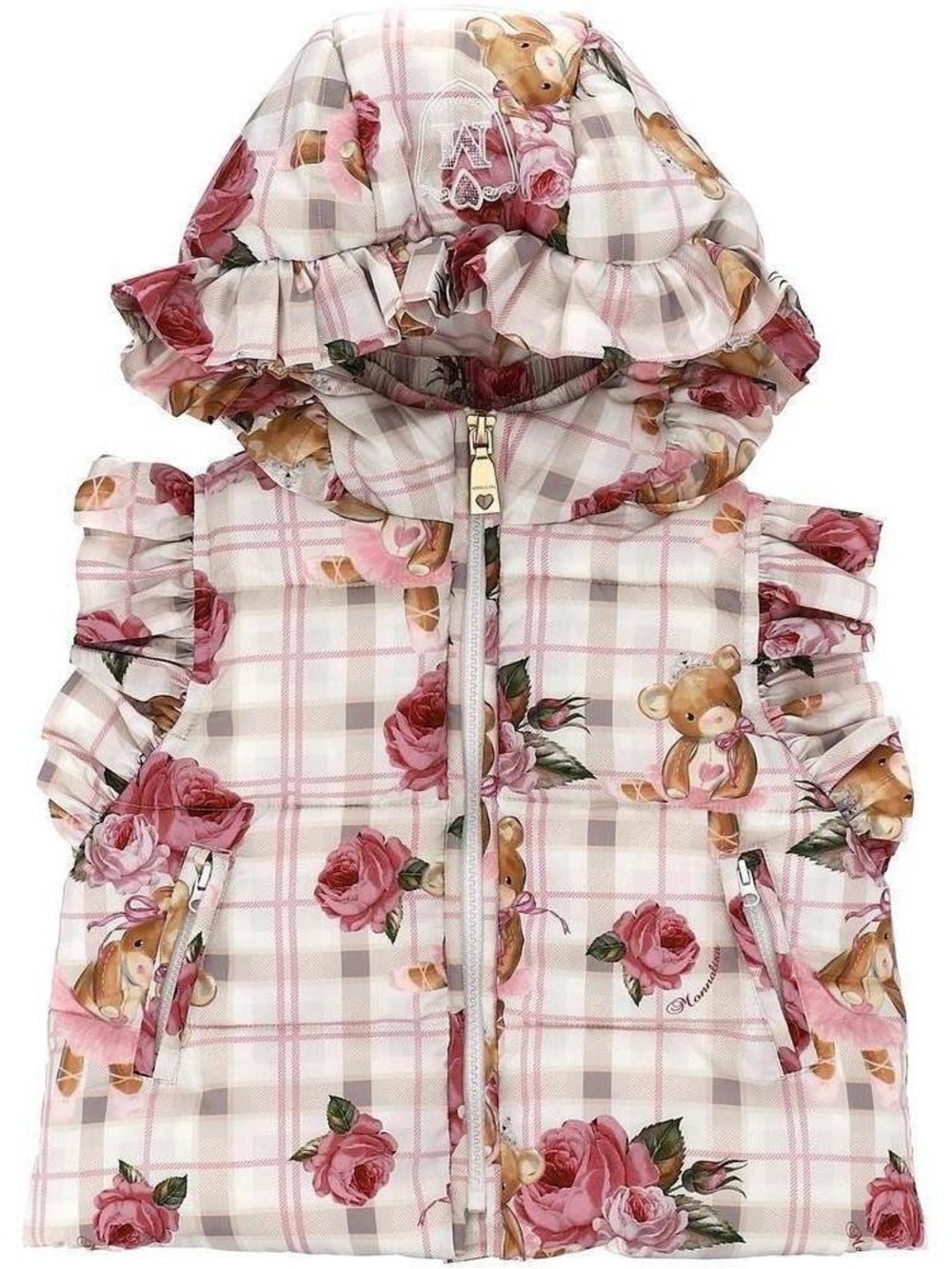 MonnaLisa Pink Plaid Floral & Teddy Print Puffer Vest with Hood